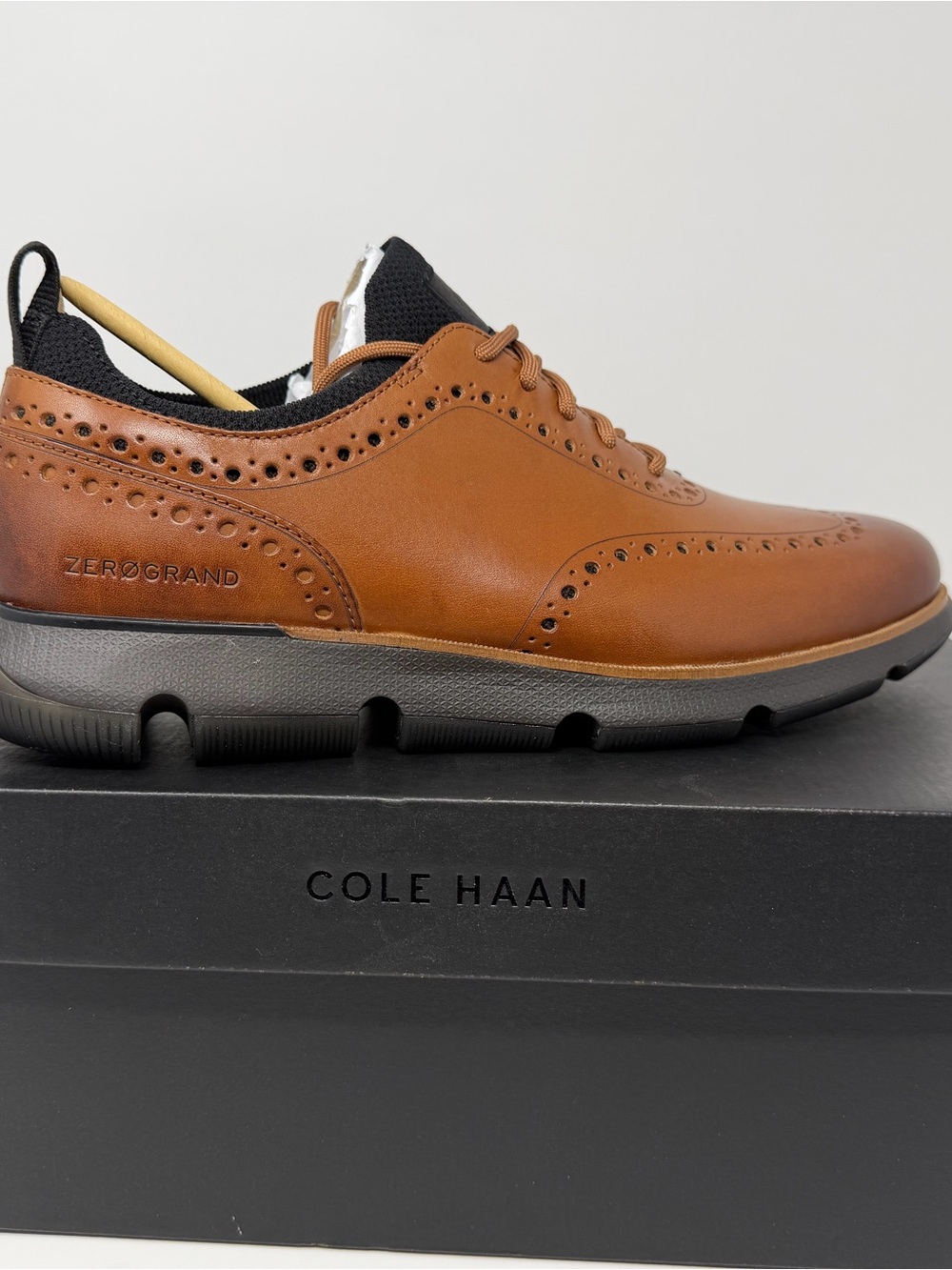 Cole Haan Brown British Tan Leather Wingtip Oxford with Black Accents